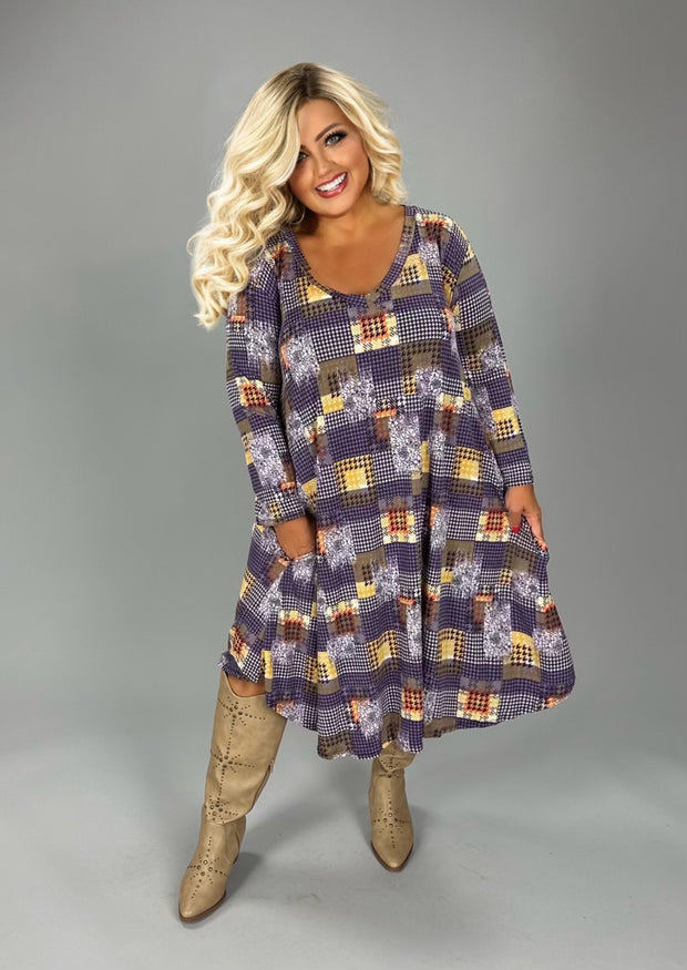 20 PQ {Take A Moment} Purple/Yellow Geo Houndstooth Print Dress EXTENDED PLUS SIZE 3X 4X 5X