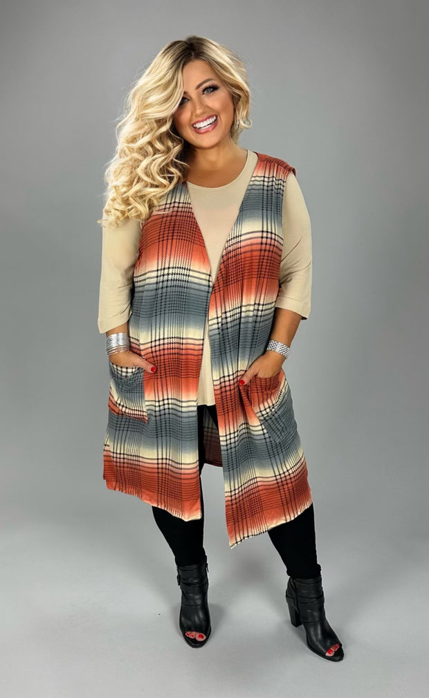 22 OT {Harvest Cheer} Rust/Blue Plaid Vest w Pockets PLUS SIZE 1X 2X 3X