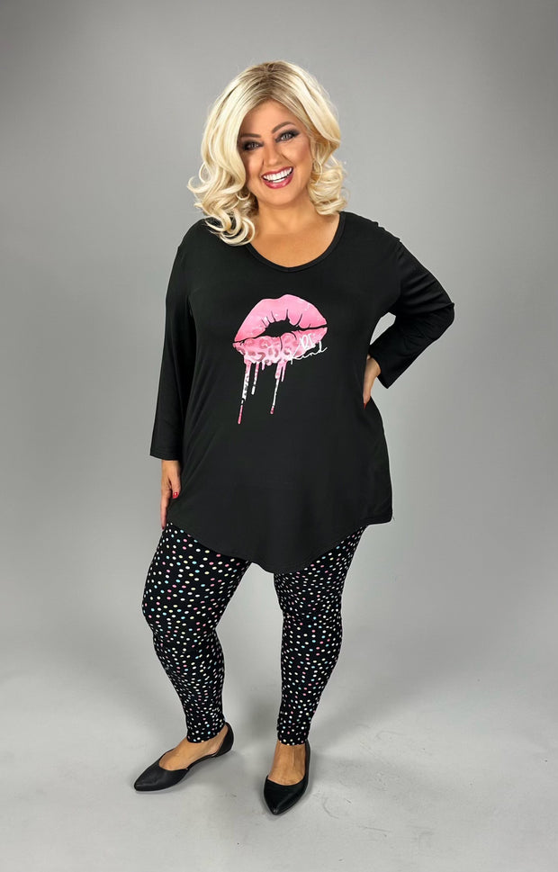 CW  GT {Be Kind} Black V-Neck Graphic Tee w/Pink LIp