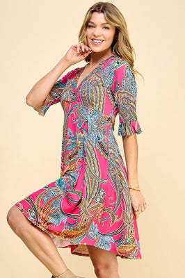 45 PSS-D {Life's A Dance} SALE!   Fuchsia Paisley Printed Dress PLUS SIZE 1X 2X 3X