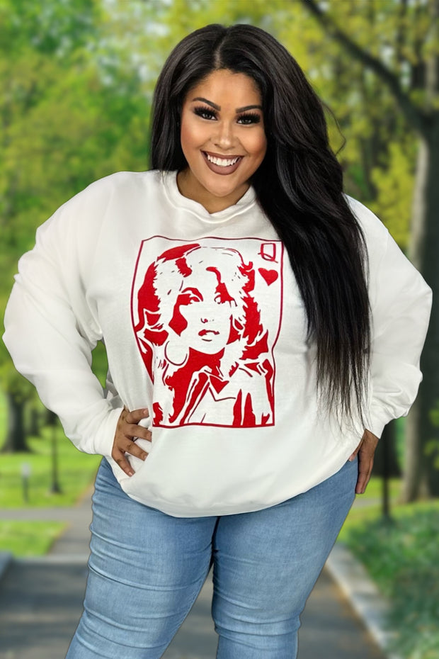 80 GT-W {Queen Dolly} White Queen of Hearts Graphic Sweatshirt PLUS SIZE XL 2X 3X