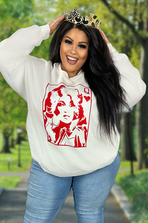 80 GT-W {Queen Dolly} White Queen of Hearts Graphic Sweatshirt PLUS SIZE XL 2X 3X