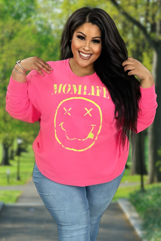 78 GT-U {Mom Life Here} Hot Pink/Yellow Graphic Sweatshirt PLUS SIZE XL 2X 3X