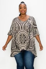 86 PSS {Mighty Fine} Taupe/Black Print Hi/Low Tunic CURVY BRAND!!!  EXTENDED PLUS SIZE 4X 5X 6X