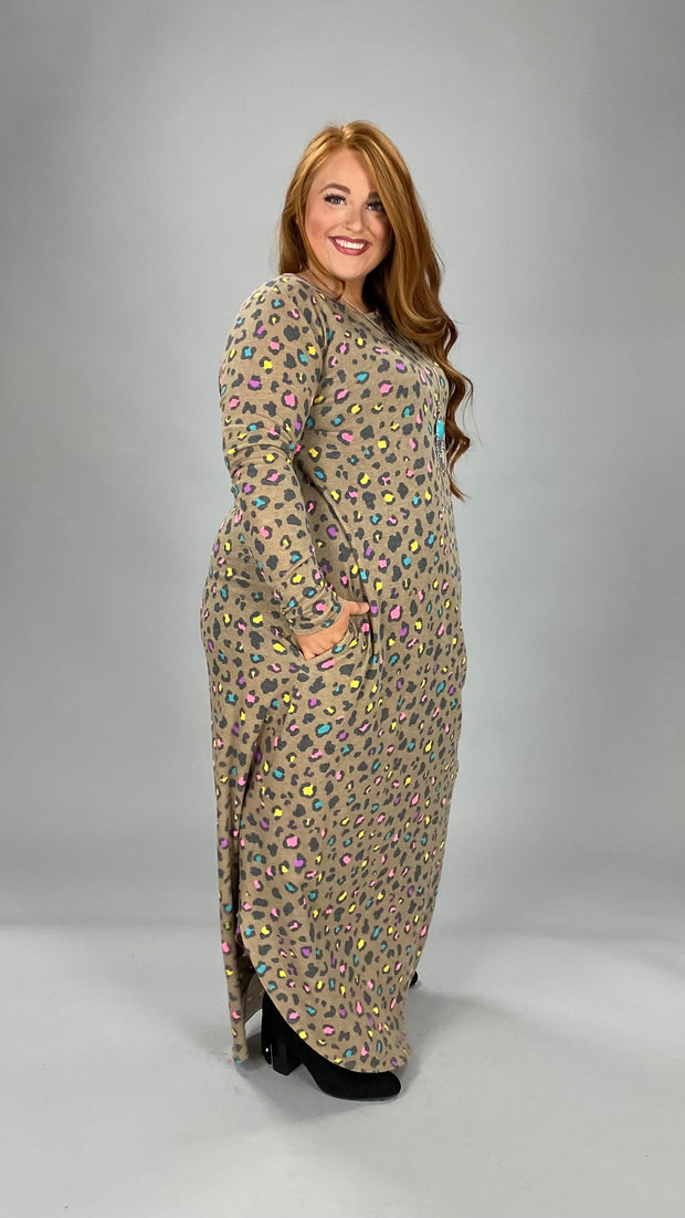 LD-O {Number One Fan} Mocha Leopard Print Long Dress PLUS SIZE 1X 2X 3X