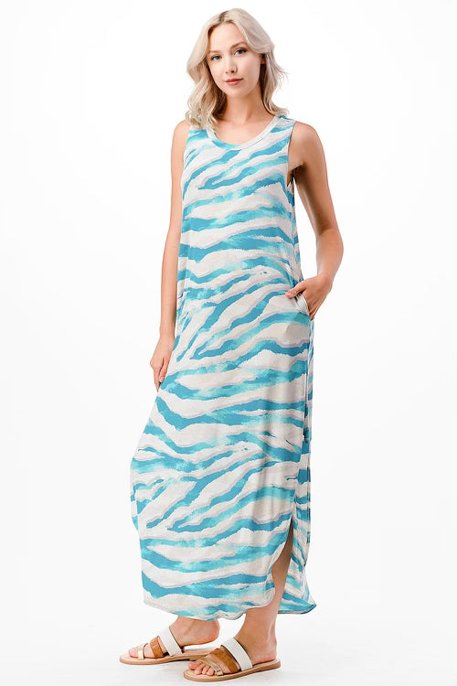 LD-D {All Over Again} SALE! Aqua Printed Sleeveless Long Dress PLUS SIZE 1X 2X 3X