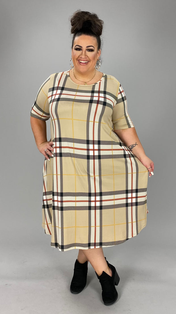 97 PSS-T {Whole Lot Of History} Taupe Plaid Print Dress SALE!!!! PLUS SIZE 1X 2X 3X