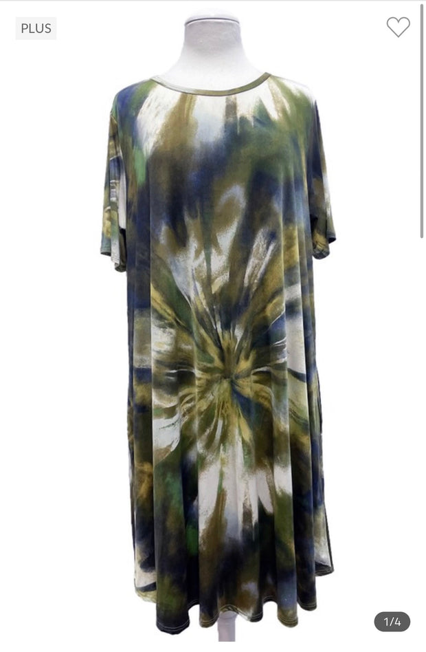 97 PSS-U {A New Tomorrow} Olive Print Dress W/Pockets PLUS SIZE 1X 2X 3X