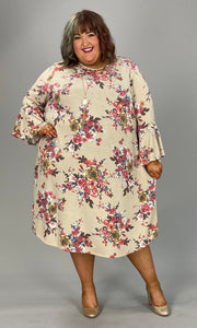 64 PQ-M {Love And Honey} Taupe Floral Bell Sleeve Dress  SALE!!!  EXTENDED PLUS SIZE 3X 4X 5X