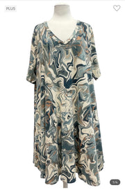 74 PSS-W {Swirls Of Blue}  Blue Swirl Print V-Neck Dress EXTENDED PLUS SIZE 3X 4X 5X