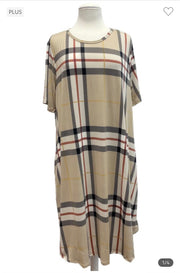 97 PSS-T {Whole Lot Of History} Taupe Plaid Print Dress SALE!!!! PLUS SIZE 1X 2X 3X