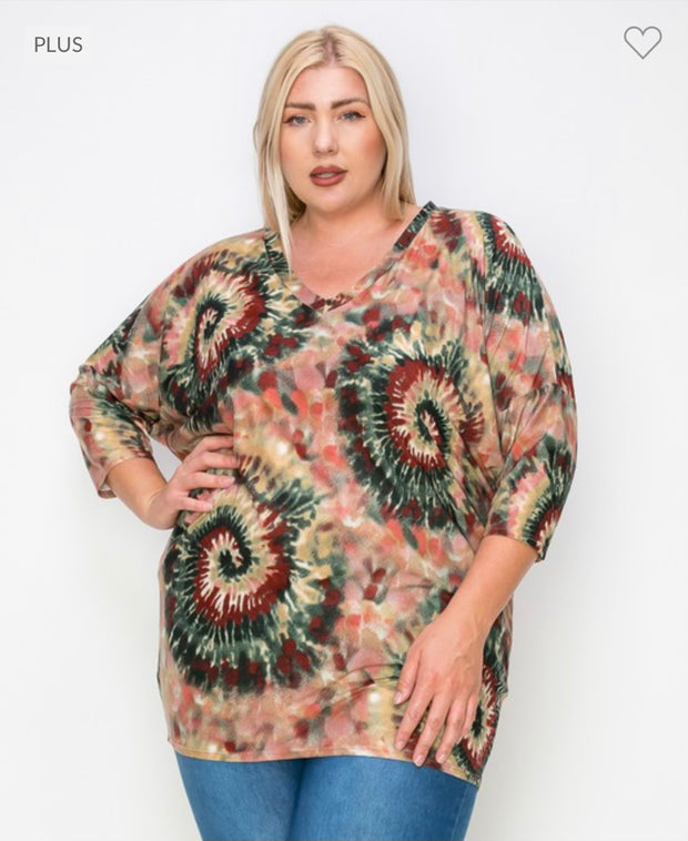 71 PQ-C {Spinning Wheel} Multi-Color Tie Dye V-Neck Top EXTENDED PLUS SIZE 3X 4X 5X