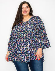 52 PQ-D {Wonder Of Floral} Navy Floral Printed Top EXTENDED PLUS SIZE 3X 4X 5X