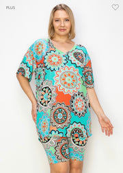 36 SET-A {Bold Opinions} Mint Mandala Print Short Set  PLUS SIZE XL 2X 3X 4X 5X