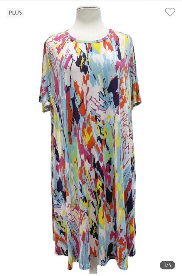 97 PSS-L {Splash Of Color} Multi-Color Printed Dress PLUS SIZE 1X 2X 3X